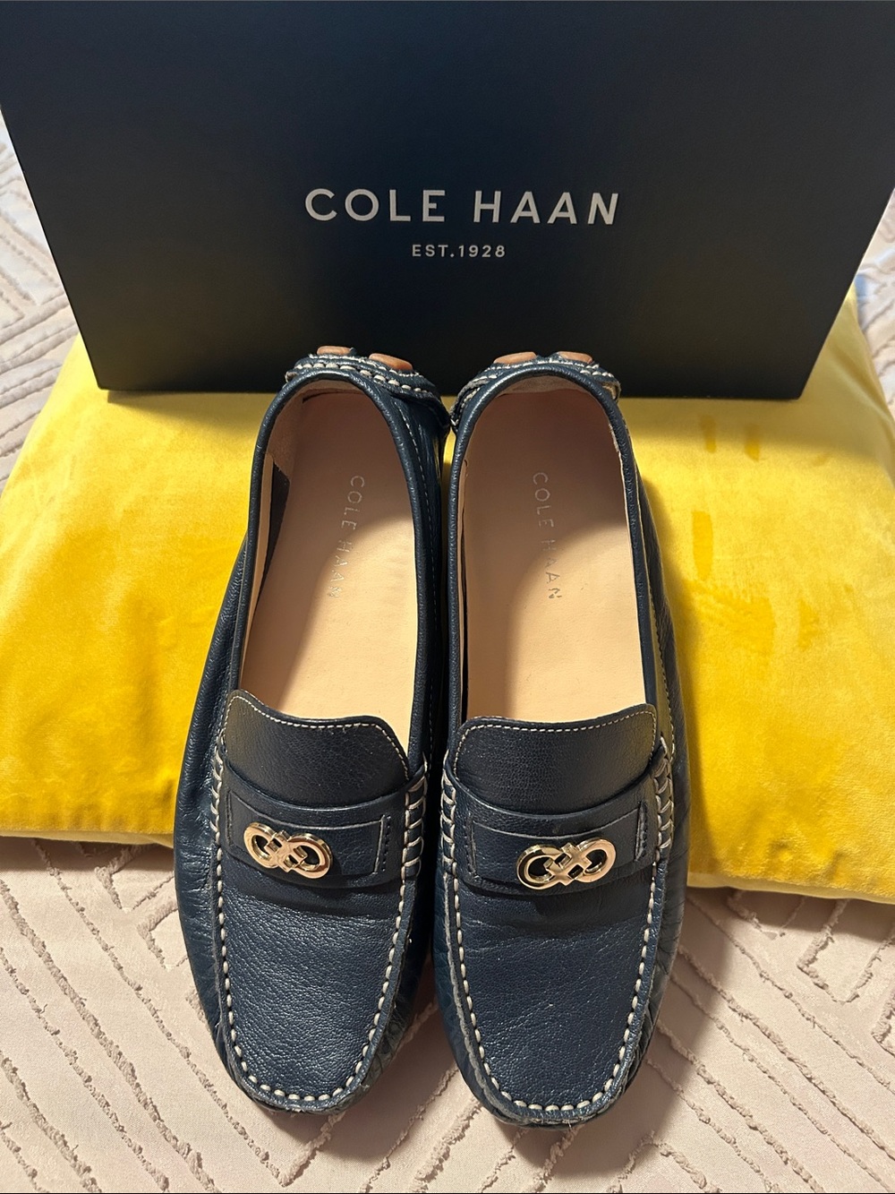 Cole Haan Women’s Navy Leather Driving Loafers with Gold Accent